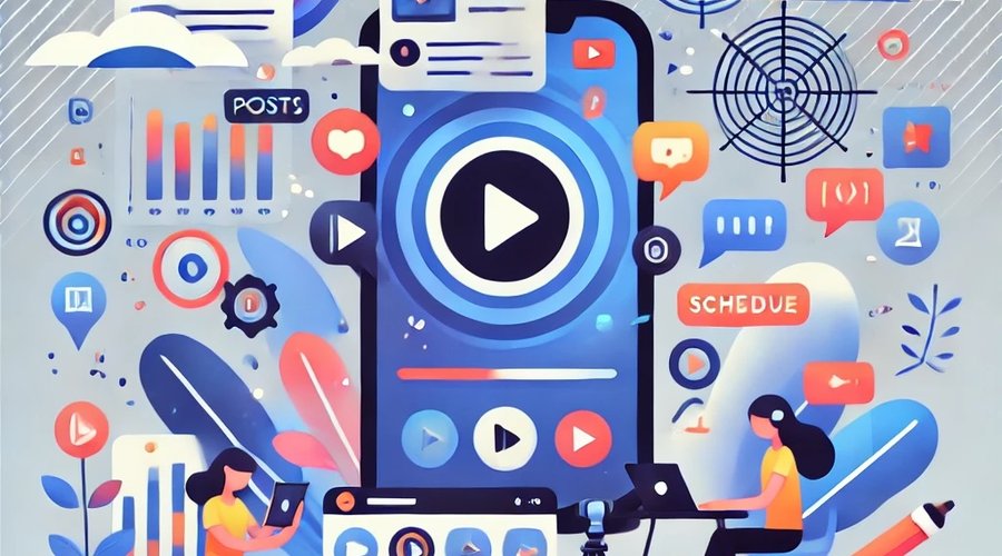 DALL·E 2025-12-04 10.47.55 - A clean, vibrant flat motion‑graphics style illustration depicting modern social media content creation. Show a stylized workspace with a large smartp